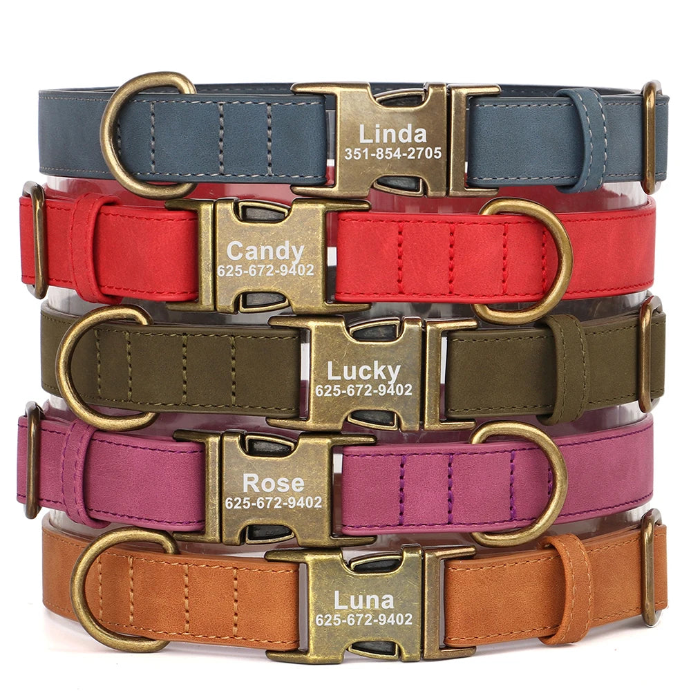 Personalized Anti-lost Dog Collar Custom Dog ID Tag Collars Soft PU Leather Pet Collars Free Engraved Metal Buckle For Bulldog - Play Paws Toys