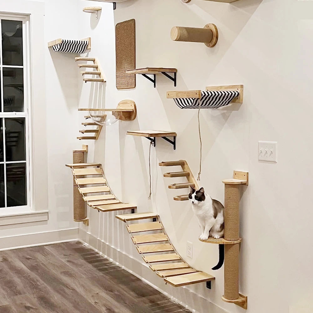 Cat Wall Climbing Shelf Steps Ladder Scratching Post Scratcher Bed Hiding House for Cats Tree Tower Pet Furniture Accessories - Play Paws Toys
