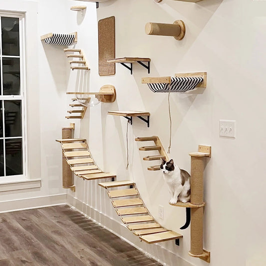 Cat Wall Climbing Shelf Steps Ladder Scratching Post Scratcher Bed Hiding House for Cats Tree Tower Pet Furniture Accessories - Play Paws Toys