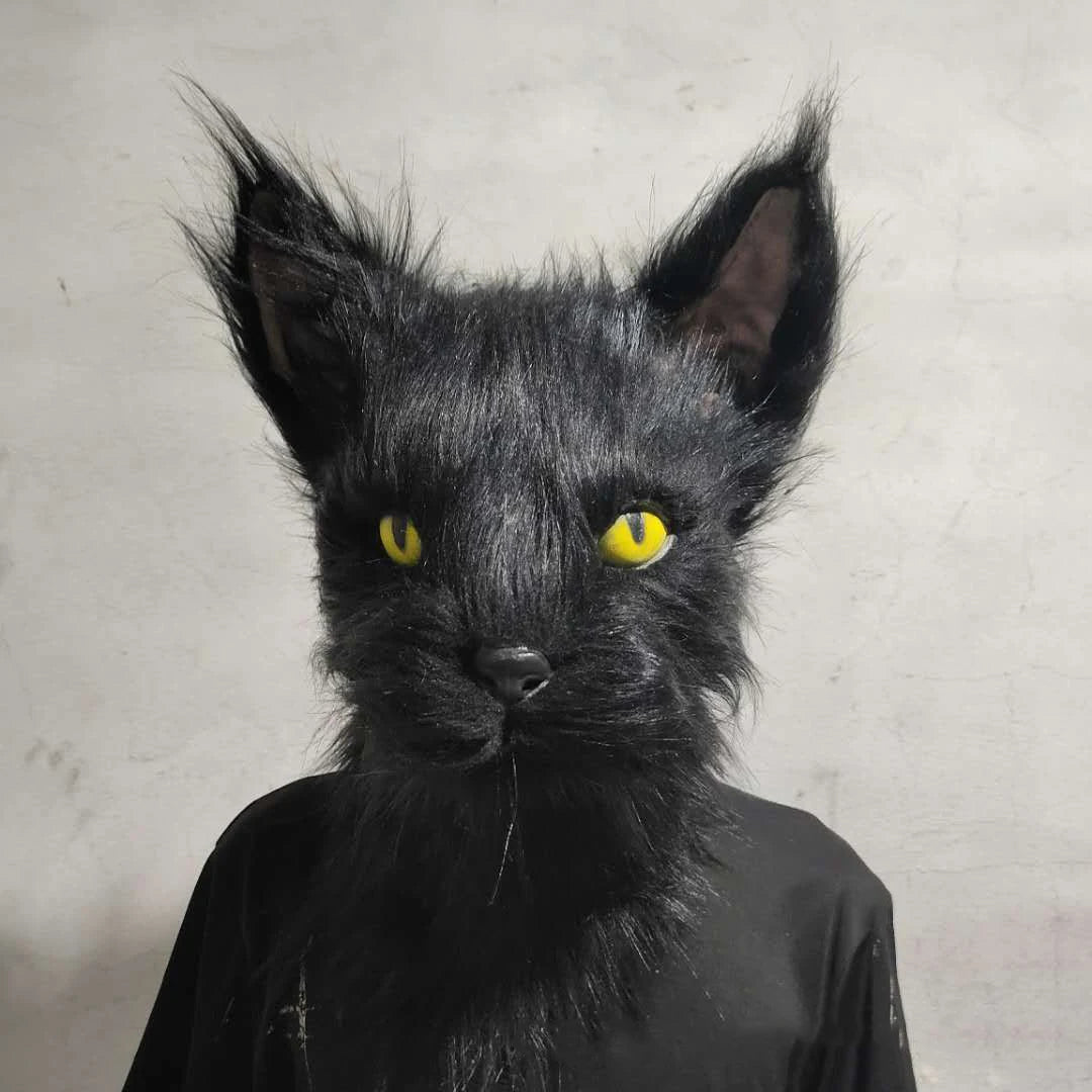 Latex with Fur Black Cat Cosplay Mask Scary Helmet Animal Funny Costume Hood Hair Mask Headwear Adult Halloween Party Props
