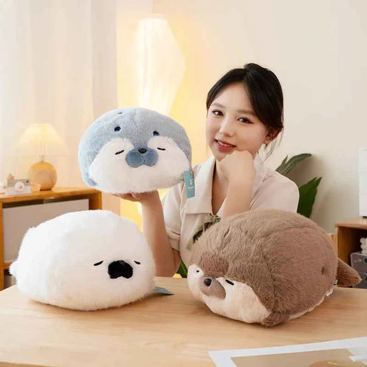 High Quality Cartoon Earphone Seal Sea Otter Plush Toy Ball Round Cushion Throw Pillow for Kids Birthday Gift School Nap Sleep