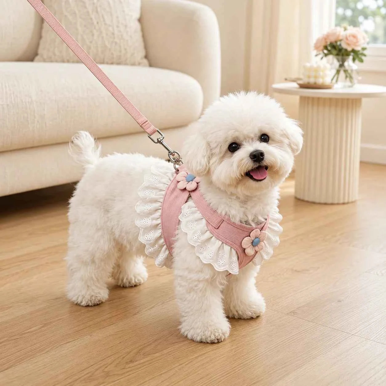 Floral Lace Pet Harness Dress with Leash, Ruffle Edge Vest Outfit for Small Dogs and Cats, Breathable Walking Harness