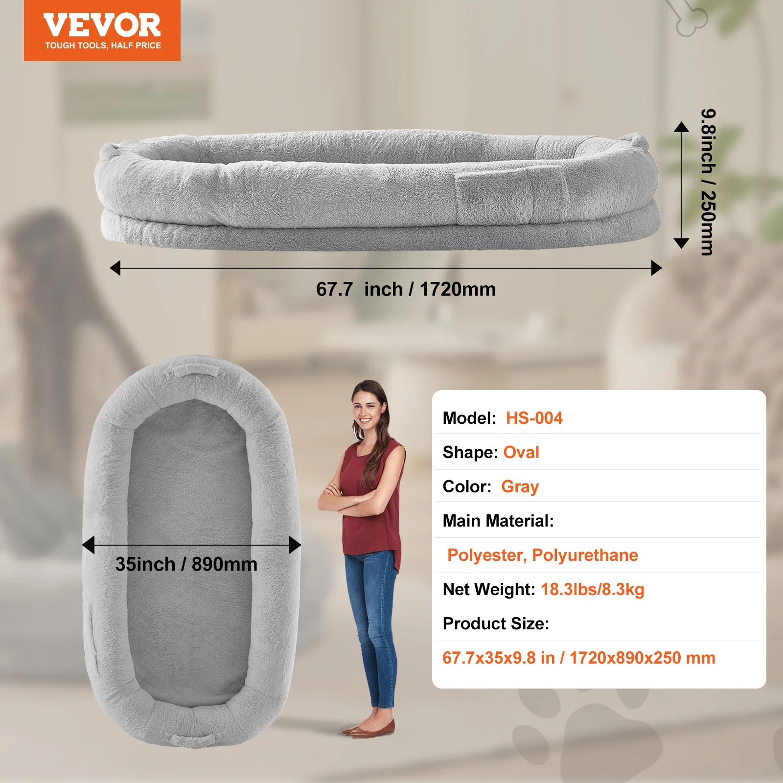 SucceBuy Human Dog Bed Human Dog Bed for Adult Human Size Dog Bed with Washable Faux Rabbit Fur Cover Egg Orthopedic Foam Grey