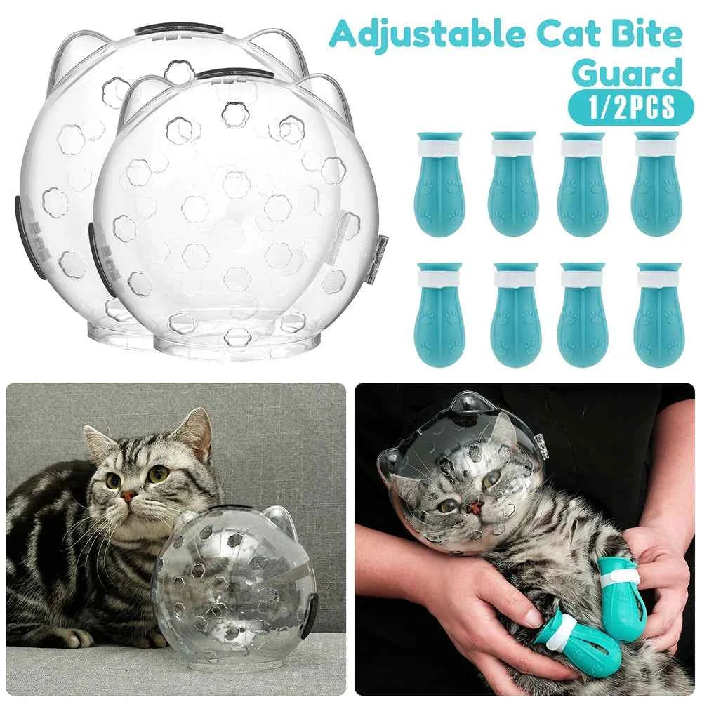 1/2Pcs Cat Muzzle Pet Grooming Cover Accessory Anti-bite Anti-Licking Cat Space Hood Breathable Helmet with 4 Silicone Paw Shoes