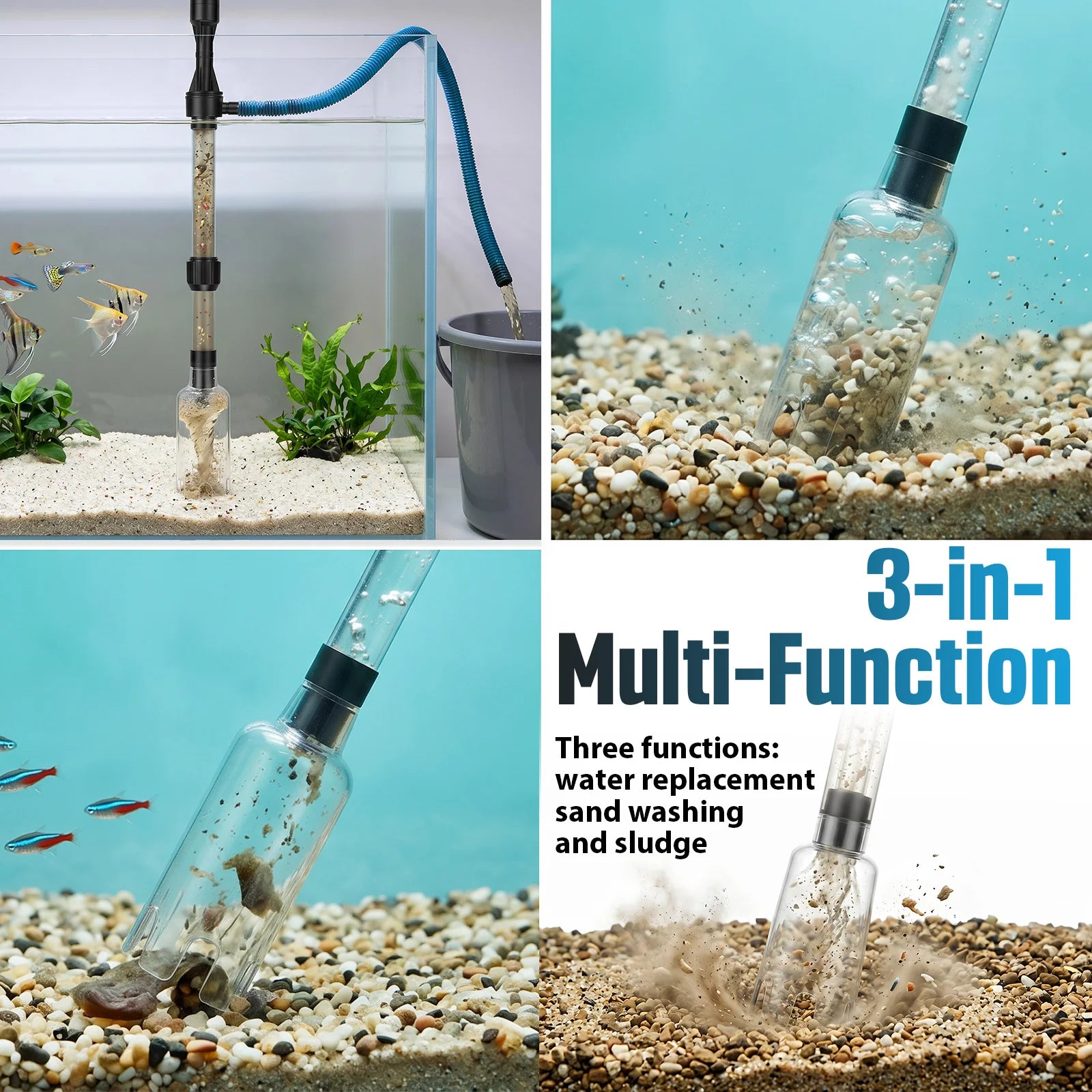 Aquarium Vacuum Gravel Cleaner 3 in 1 Fish Tank Vacuum with Water Change Wash Sand Waste Suction Electric Fishbowl Cleaning Tool