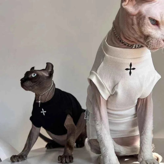 Sphynx Cat Clothes Winter Black Cotton T-Shirts , Pullover Kitten Shirts with Short-Sleeve, Hairless Pajamas Apparel for Cats