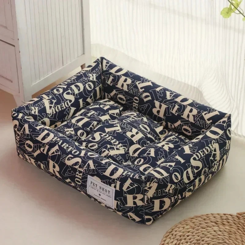 Plaid Printing Soft Removable&Washable Dog Bed Fabric Skin-Friendly Cotton&Linen Breathable Pet Sofa Square Cat Litte Dog Bed