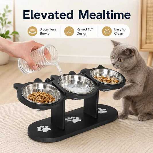 15° Tilted Elevated Cat Bowl Stand with 3 Stainless Steel Bowls for Cats, Puppies and Small Pets, Detachable, Easy to Clean