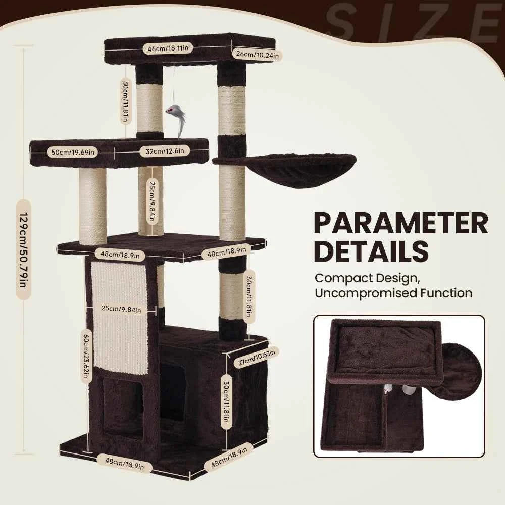 51 In Multi-Level Cat Tree Tower Space Saving Indoor Cat Playhouse with Scratching Board Cozy Condo Durable Plywood Construction