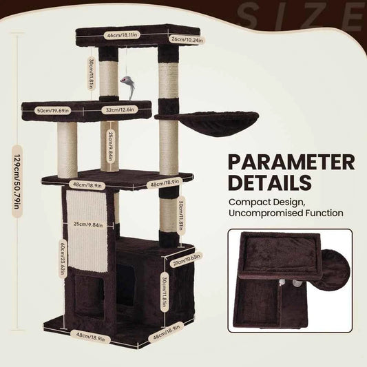 51 In Multi-Level Cat Tree Tower Space Saving Indoor Cat Playhouse with Scratching Board Cozy Condo Durable Plywood Construction