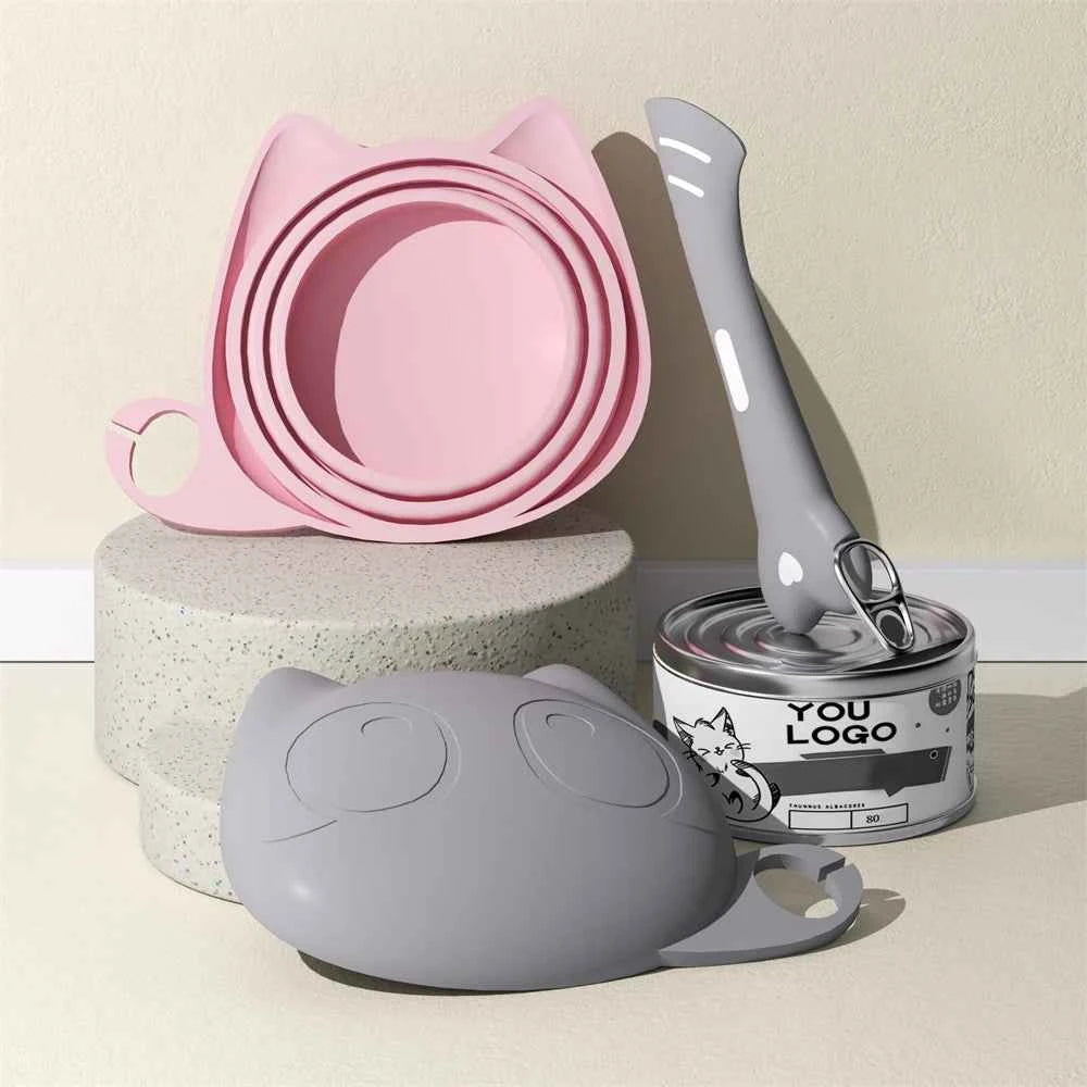Silicone Cat Food Can Lid and Spoon Set, Multifunctional Pet Wet Food Feeding Scoop with Can Opener, Sealed Pet Food Storage