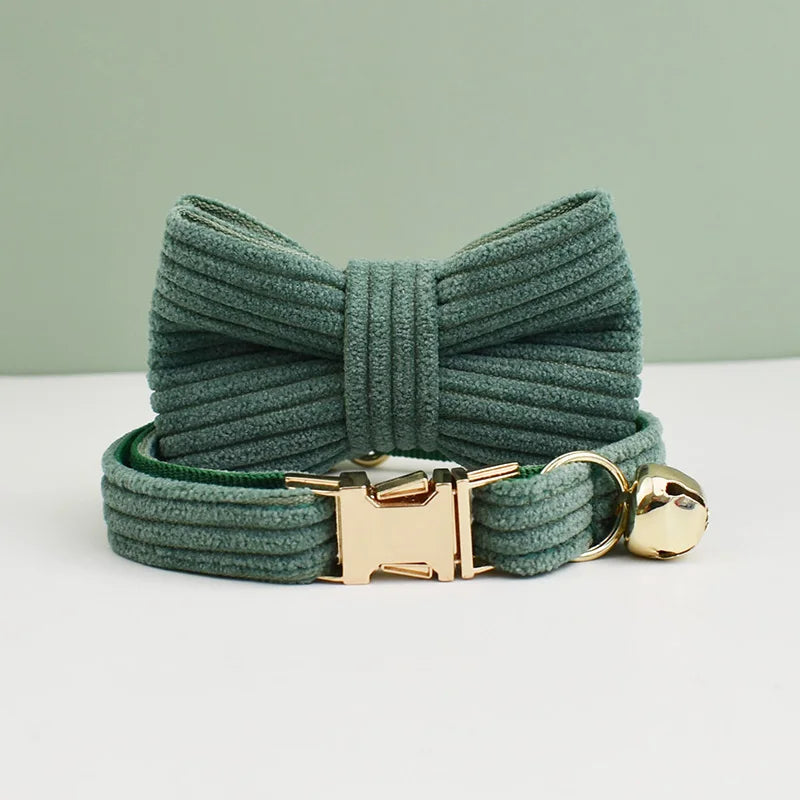 Corduroy Cat Collar with Name Plate Bell Bow Tie Personalized Custom Engraved Cat Collars for Cats