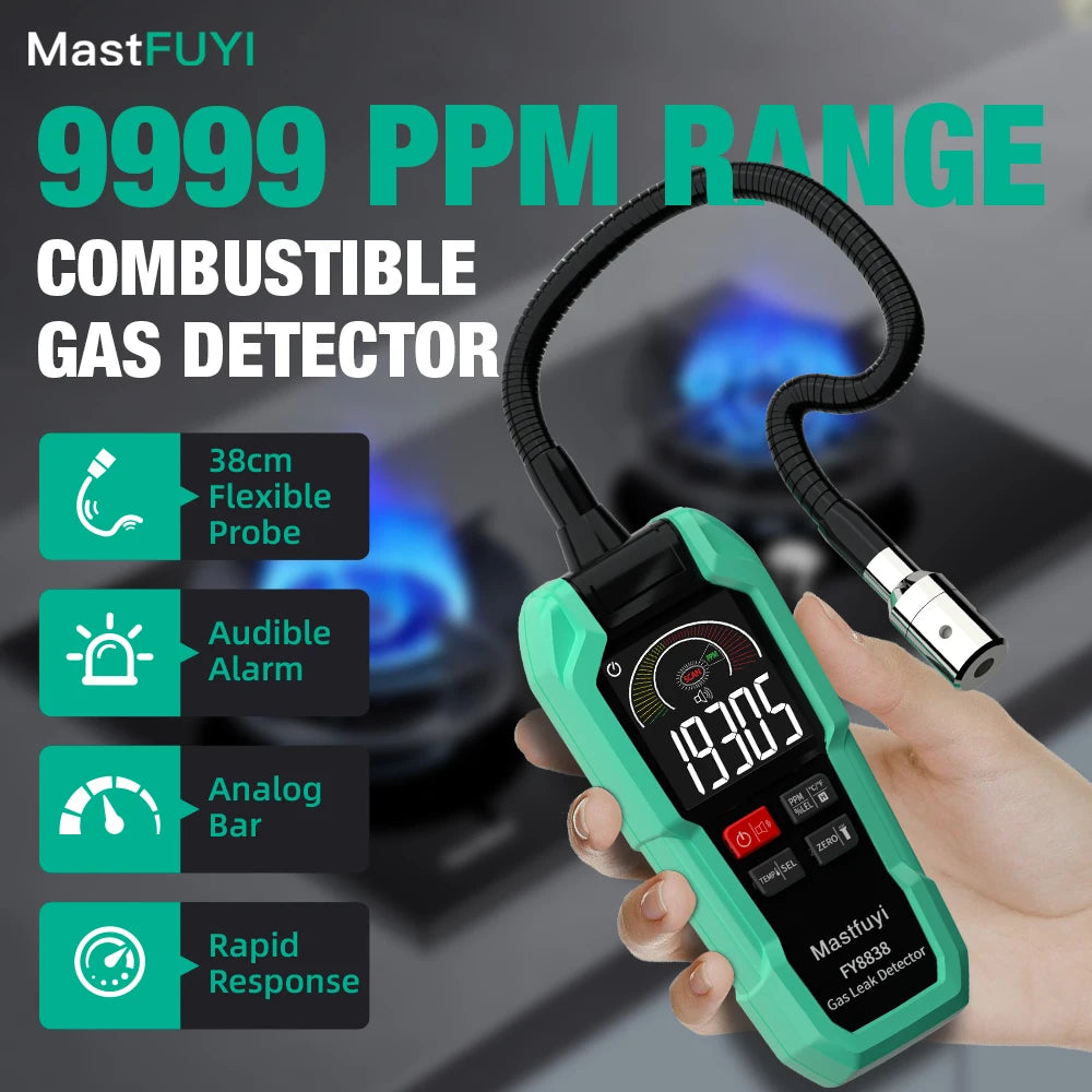 MASTFUYI FY8838 Professional Gas Leak Detector 0-9999PPM - Portable Combustible Gas Sniffer for Methane LNG Audio Visual Alarm