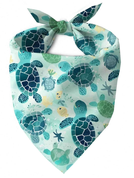 1pc Turtle Dog Scarf - Turquoise Blue & Mint Green Turtle Print With Starfish Pattern, Adjustable For Medium To Large Dogs, Turquoise Ocean Themed Pet Apparel, Suitable For Beach Walks And Swimming Accessories