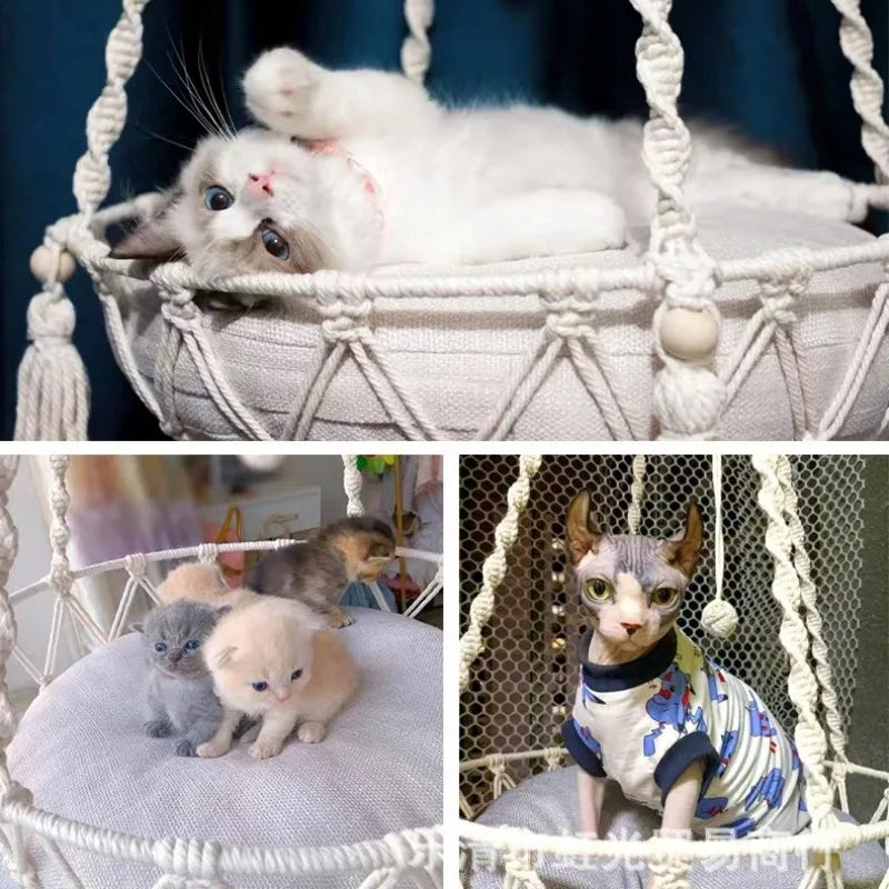 Winter Pet Hammock Cat Swing Hand Woven Cotton Rope Cats Hanging Basket  Kitten Hanging String Den Indoor Pend Nest Pet Supplies - Play Paws Toys