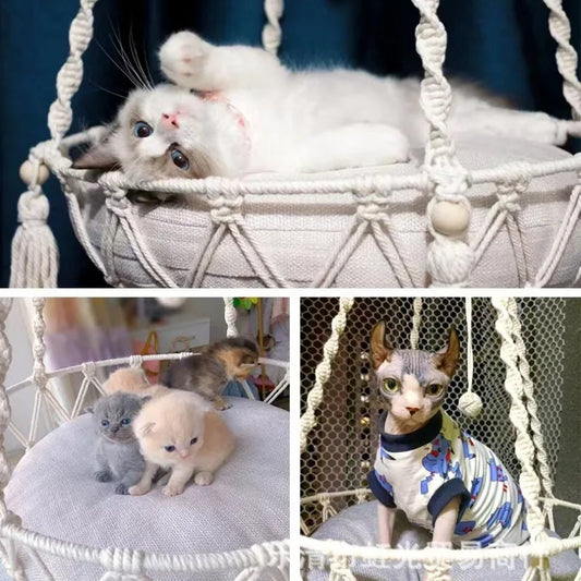 Winter Pet Hammock Cat Swing Hand Woven Cotton Rope Cats Hanging Basket  Kitten Hanging String Den Indoor Pend Nest Pet Supplies - Play Paws Toys