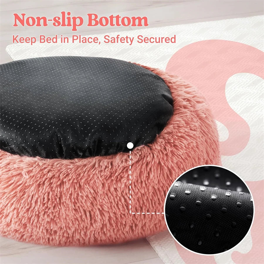 Soft Long Plush Cat House Beds dog Calm Warm Faux Fur Bed Donut Round Comfortable Sleeping Bed Washable for Small Medium Dog Cat - Play Paws Toys
