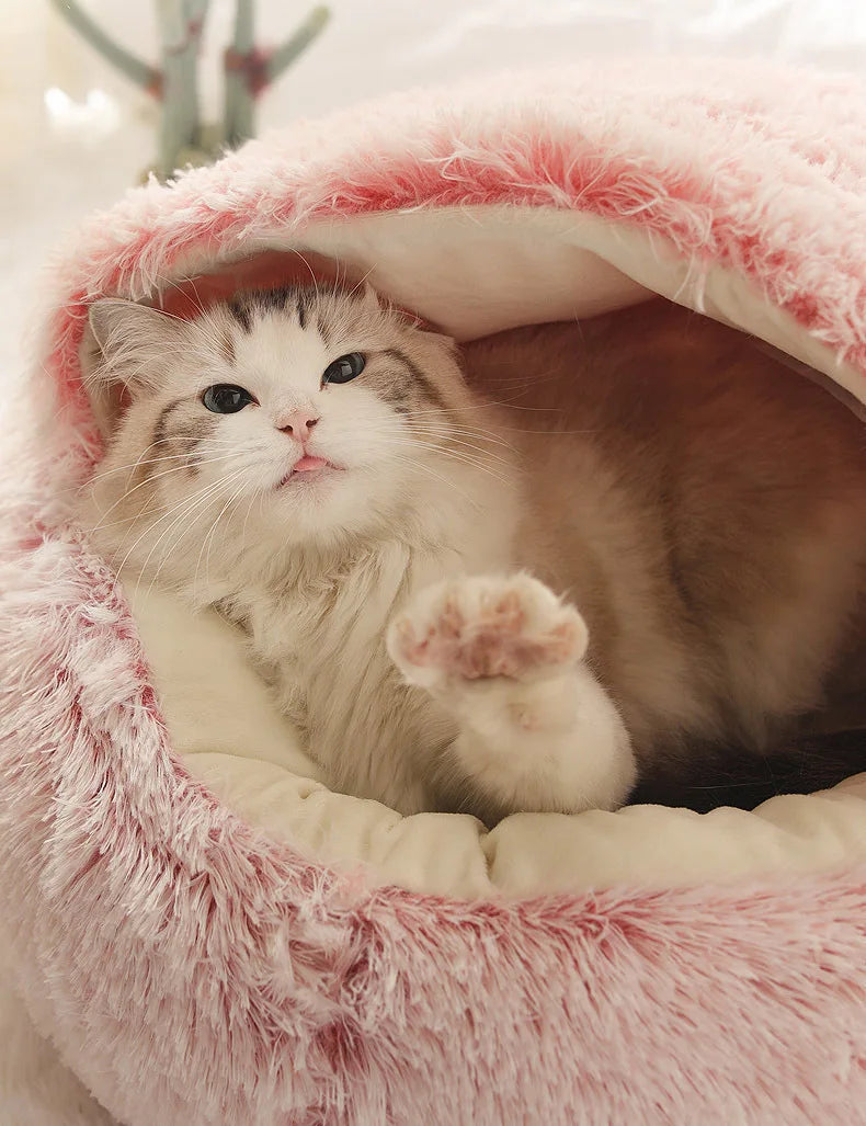 Autumn and Winter soft plush pet bed and pet bed Winter warm and cold plush comforter nest Shell cat nest semi-enclosed cat nest - Play Paws Toys