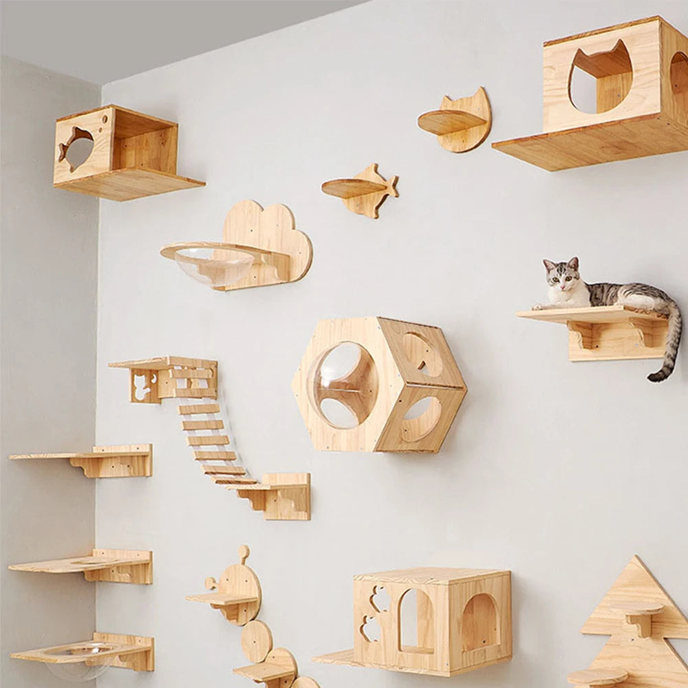 Cat Wall Climbing Shelf Steps Ladder Scratching Post Scratcher Bed Hiding House for Cats Tree Tower Pet Furniture Accessories - Play Paws Toys