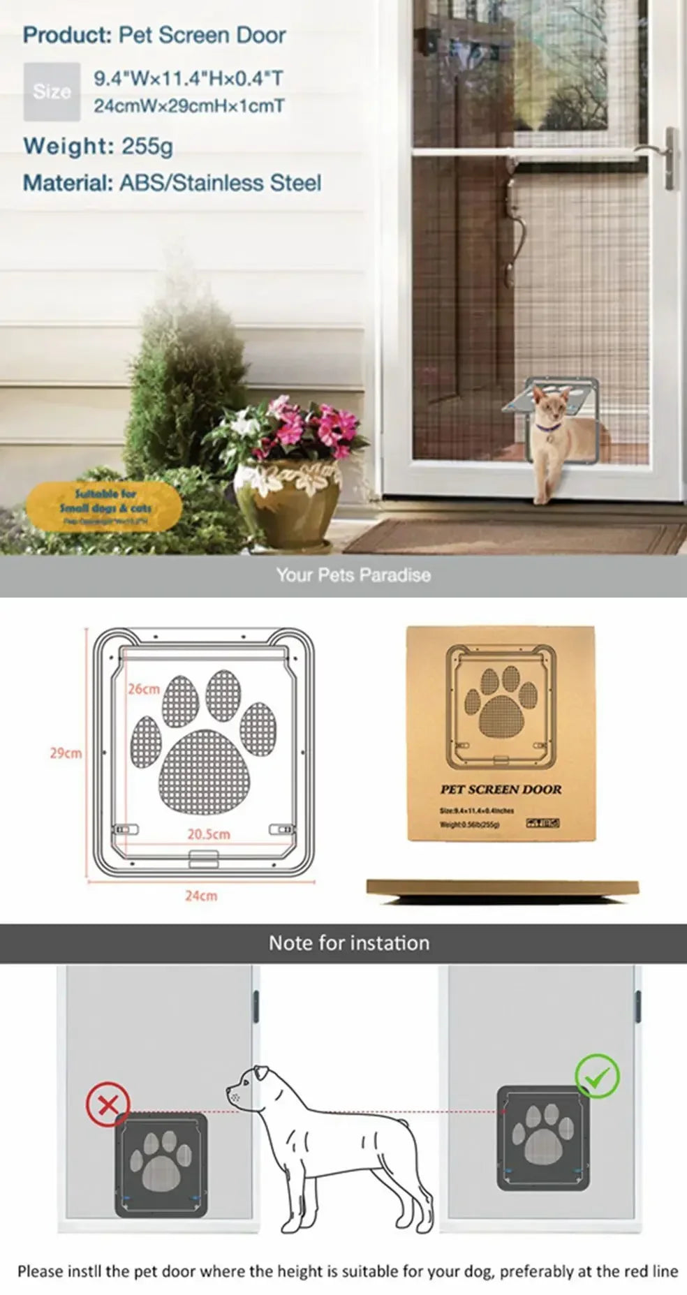 Pet Door Safe Lockable Magnetic Screen Outdoor Dogs Cats Window Gate House Enter Freely Fashion Pretty Garden Easy Install - Play Paws Toys