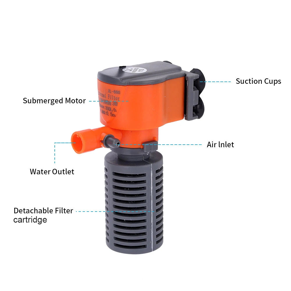 3-in-1 Fish Tank Filter Aquarium Submersible Water Pump AC220-240V Mini Filter Oxygen Air Pump for Small Aquarium Fish Tank