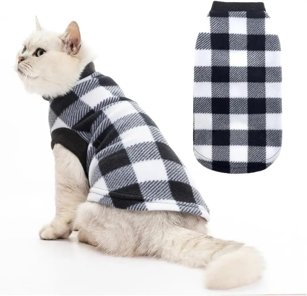 EXPAWLORER Plaid Cat Sweater Warm Fleece Hoodie Vest for Cats Small Dogs Fall Winter Coat Pullover Buffalo Check Clothing - Play Paws Toys