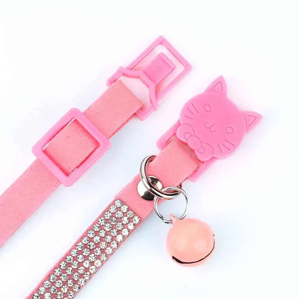 Soft Pink Suede Leather Cat Collar - Bling Rhinestone Design with Bell, Safety Breakaway & Adjustable XS/S for Cats & Puppies