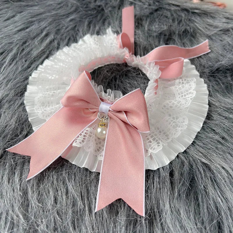 Sweet Cat Dog Bibs Collar Girls Neck Decoration Adjustable White Lace Pink/Blue Bowknot Neckerchief  String Strap Scarf Necklace