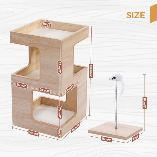 Wood Cat Condo House Bed with Removable Soft Mats Modern Cat Tree Tower with Scratching Pad Cat Scratcher Furniture Kitten Toys - Play Paws Toys