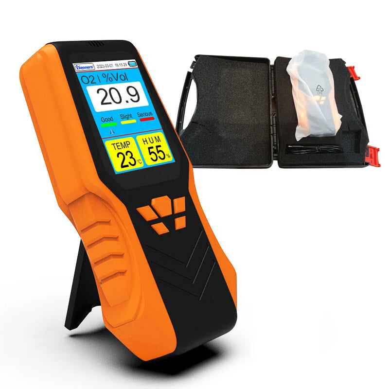 Portable Handheld O2 Detector, 0-30%Vol Oxygen Gas Monitor with 1.5s Fast Response, Temp & Humidity Tester, 14H Long Working