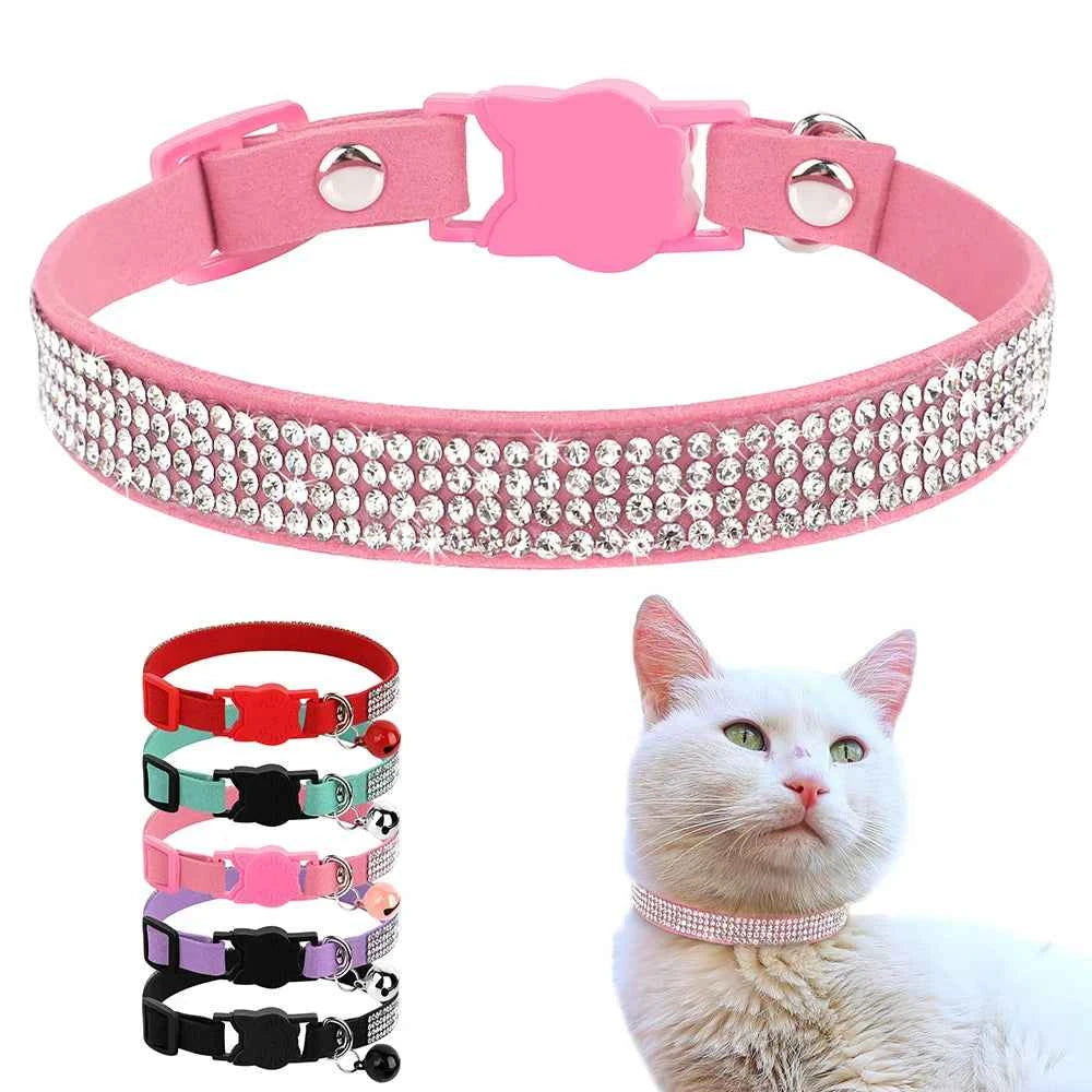 Soft Pink Suede Leather Cat Collar - Cute Bling Rhinestone Design, with Bell & Safety Breakaway Buckle, Adjustable XS/S Sizes
