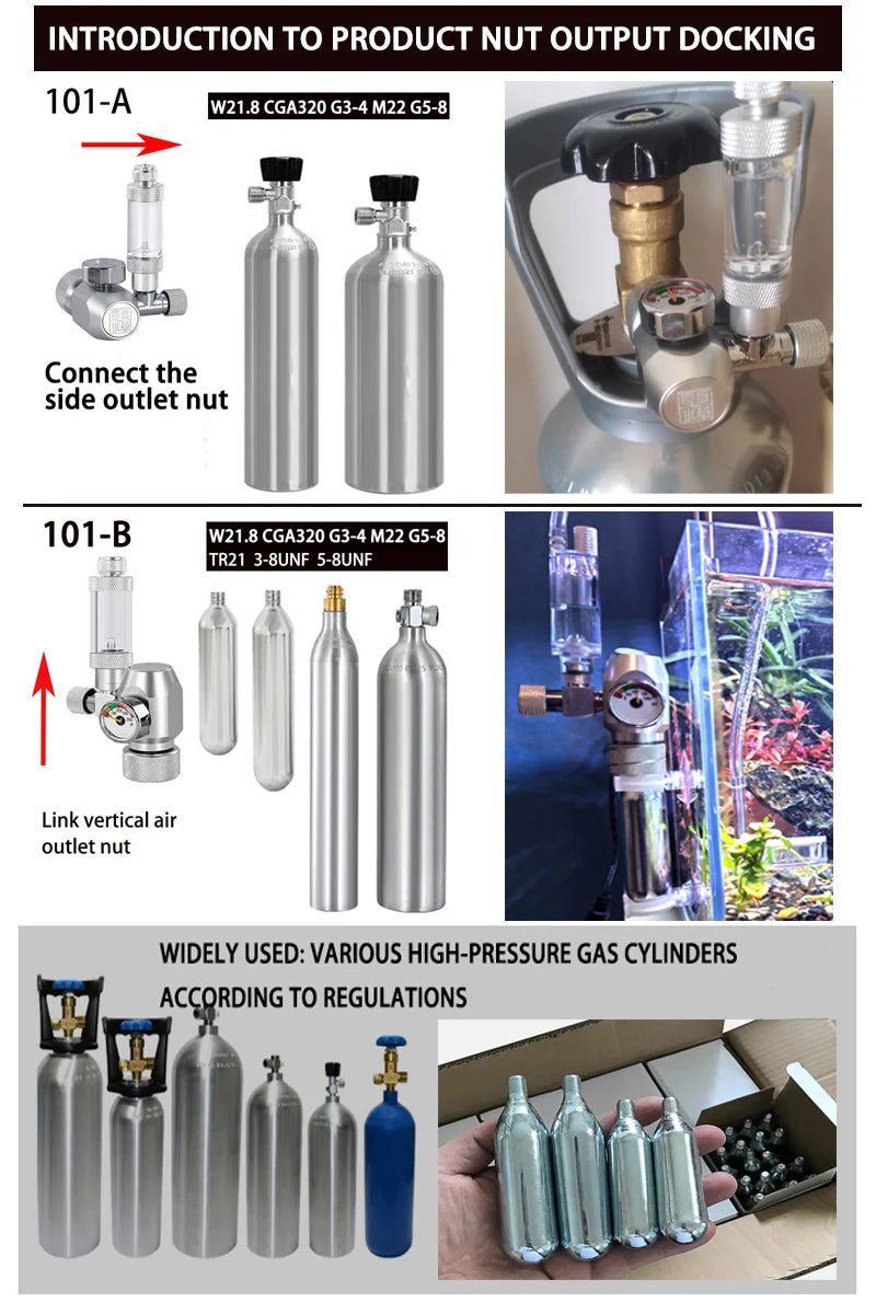 Aquarium DIYCO2 regulator W21.8/CGA320/G3-4/G5-8/TR21/3-8unf gas cylinder nut docking type fish tank CO2 pressure reducing valve