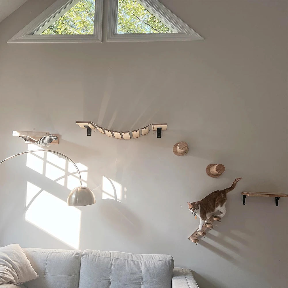Cat Wall Climbing Shelf Steps Ladder Scratching Post Scratcher Bed Hiding House for Cats Tree Tower Pet Furniture Accessories - Play Paws Toys