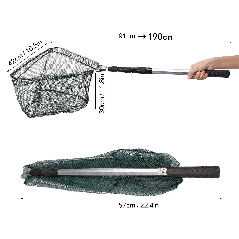 Folding Fishing Net with Aluminum Alloy Landing Net Non-Slip Gloves Storage Bag Fish Pliers Lip Gripper for Easy Catch & Release