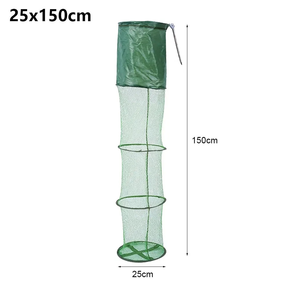 1Pcs 30x200cm Fish Cage Steel SUS Ring Nylon Mesh Fish Basket Waterproof Gluing Coating Quick Drying Live Fish Trap Net