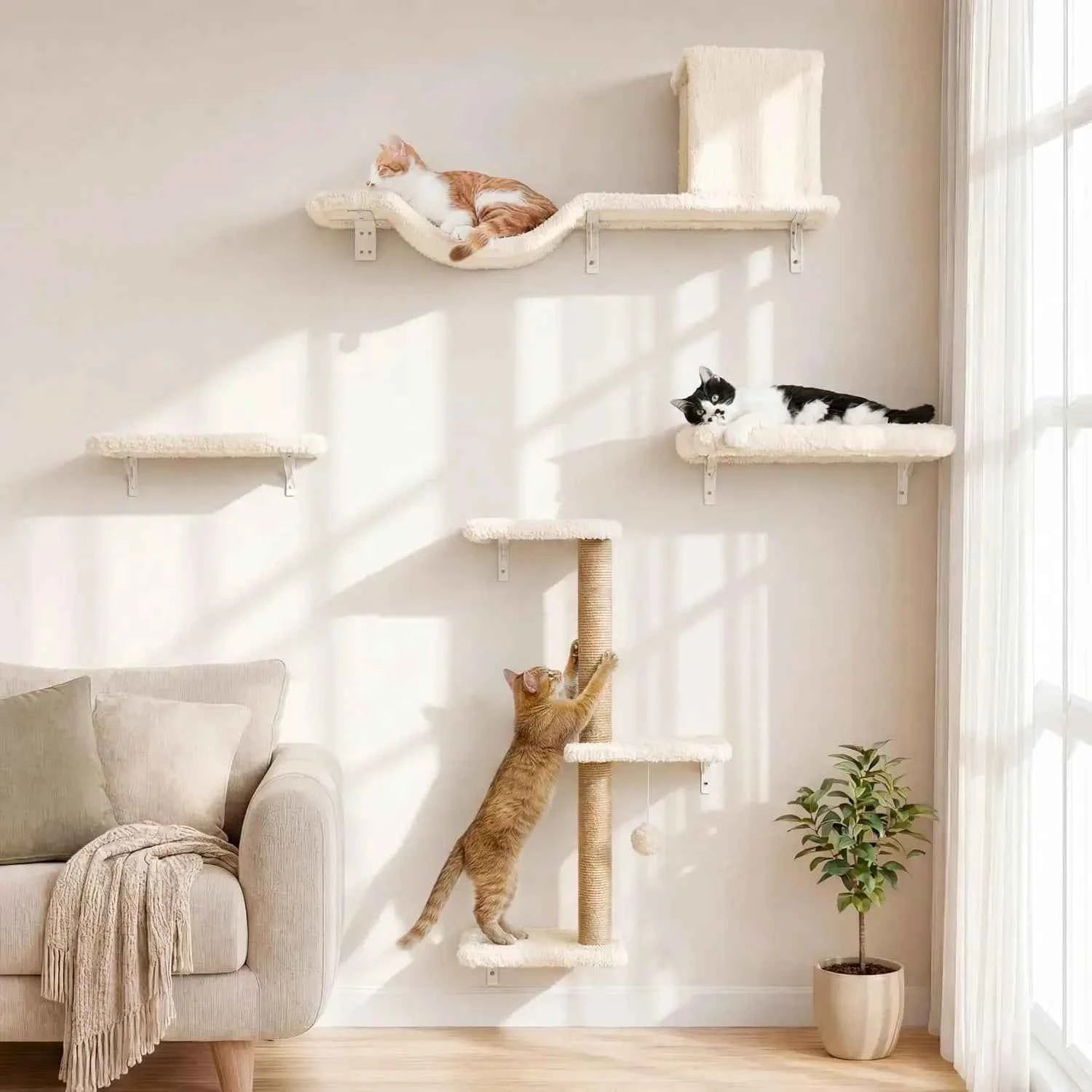 Cat Wall Shelves 5-in-1 Set, Stable & Safe Wooden Climbing Wall with Scratching Post for 16" Drywall - Beige