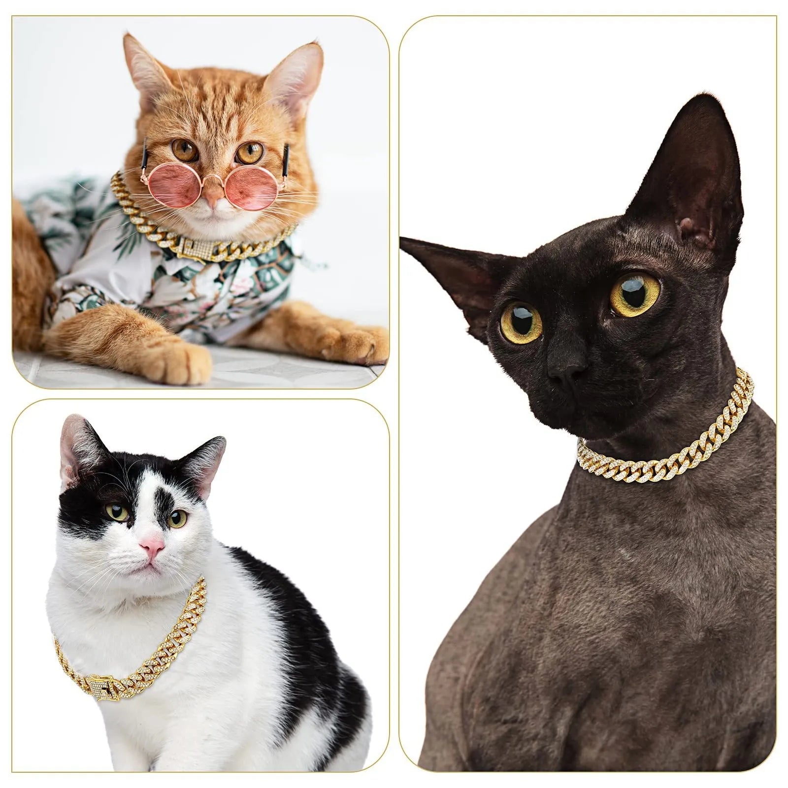 Fashion Jewelry Accessories Gold Cuban Chain Cat Collar Luxury Crystal Rhinestone Pet Kitten Necklace for Cats