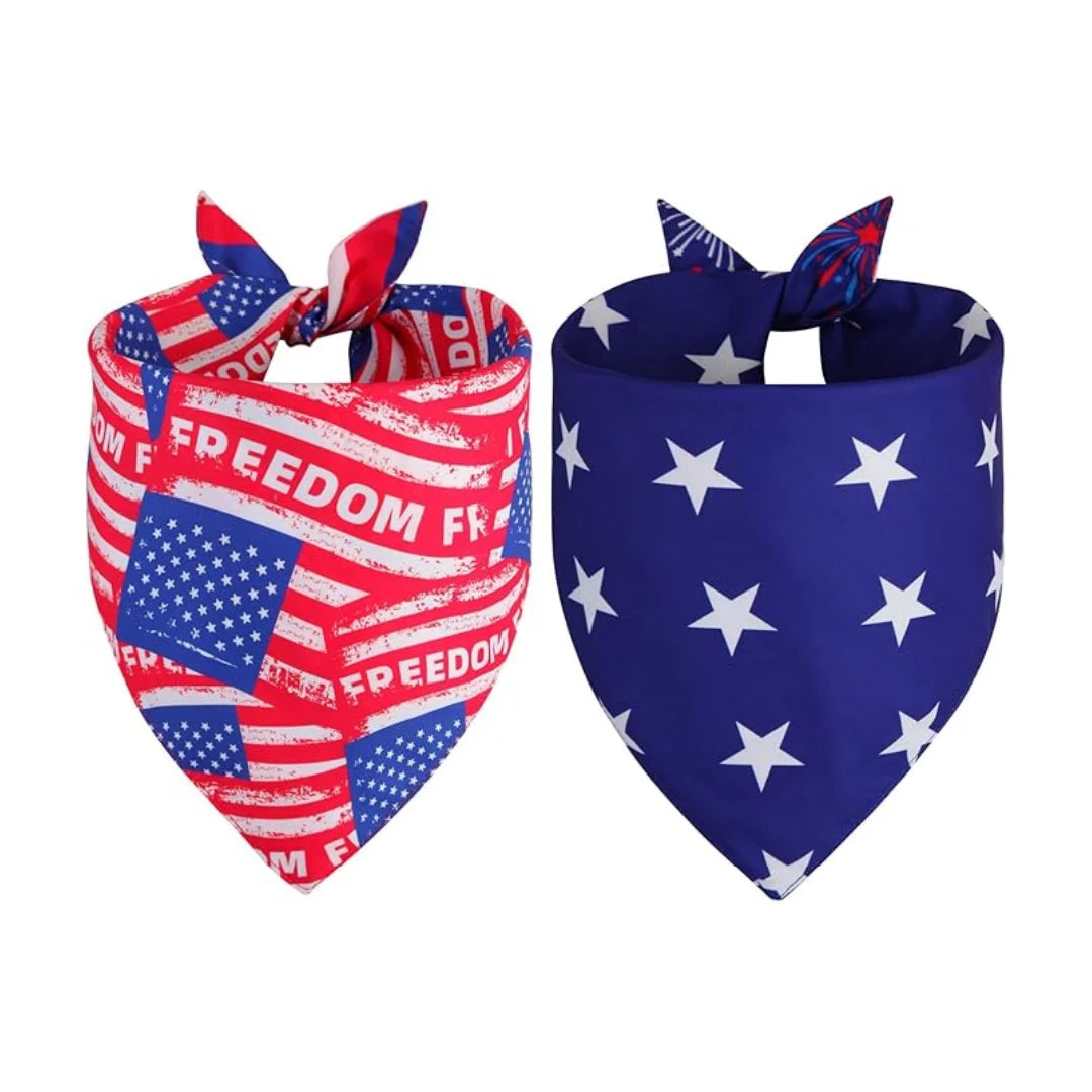 4th of July Dog Bandanas XLarge 2PCS, 4 Pattern American Flag Patriotic Scarf for Boy and Girl, Durable Triangle Reversible USA Bibs for Puppy Pet