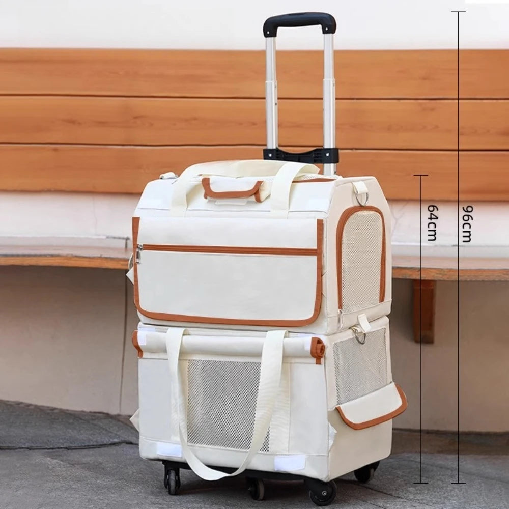 Double Layer Breathable Pet Carrier with Wheels Foldable Outdoor Travel Cat Trolley Case for Two Cats Portable Pet Trolley bag - Play Paws Toys