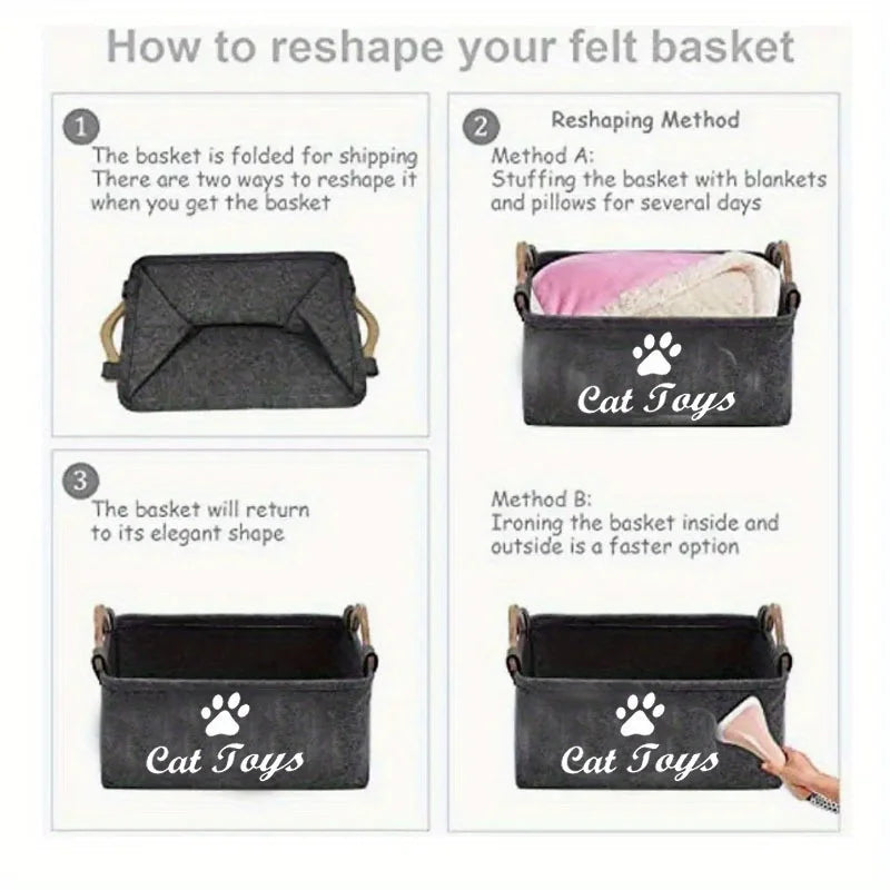 Stylish Felt Pet Toy Storage Basket - Durable Organizer for Cat & Dog Toys, Dirty Clothes, and Cleaning Supplies - Letter Print - Play Paws Toys