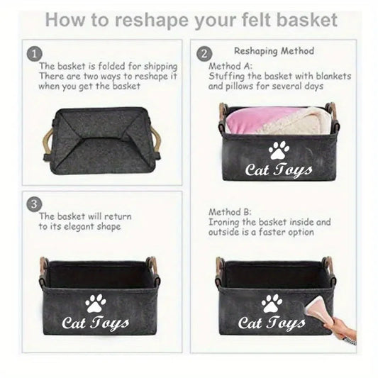 Stylish Felt Pet Toy Storage Basket - Durable Organizer for Cat & Dog Toys, Dirty Clothes, and Cleaning Supplies - Letter Print - Play Paws Toys