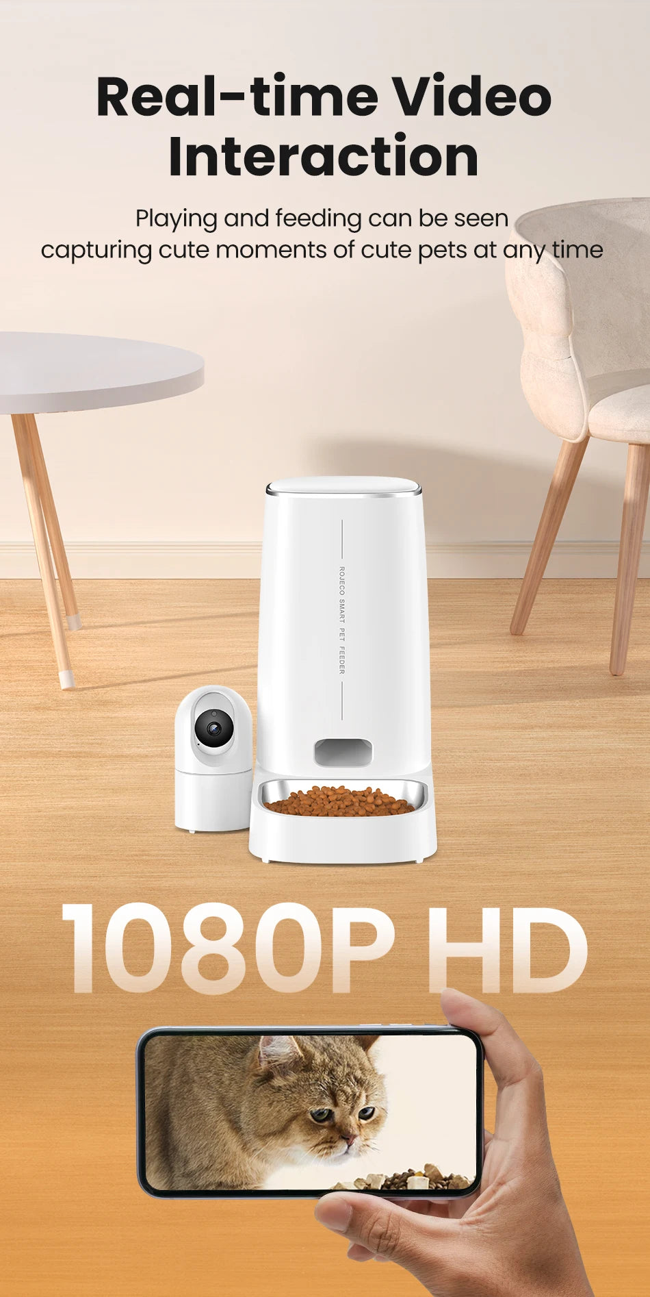 ROJECO 4L Automatic Cat Feeder With 360°Rotating Camera Vedio WiFi Cat Food Dispenser Pet Smart Voice Auto Feeder For Cats Dogs