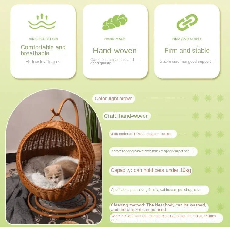 Semi-enclosed Pet Hammock Hanging Cat Nest Round Rattan Cat Cage Cat Bed with Plush Cushion Pet Cradle Bed Cat Accessories - Play Paws Toys