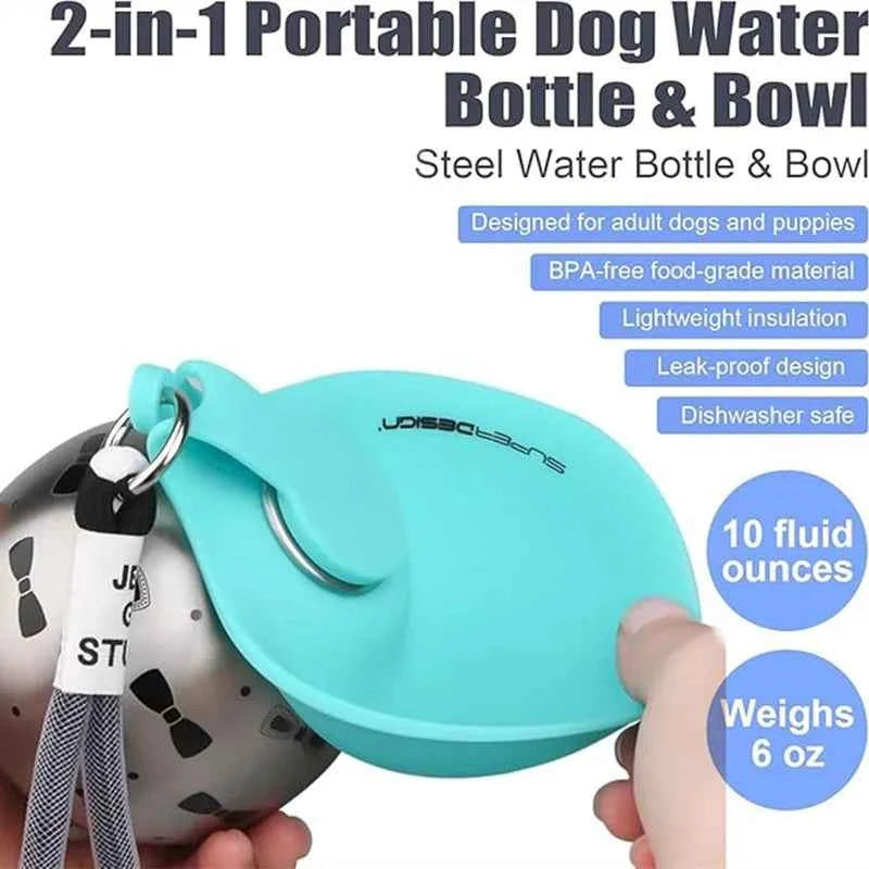 Portable Dog Water Bottle Stainless Steel Travel Cat Water Dispenser with Bowl No-Spill Puppy Water Bottle for Walking Hiking