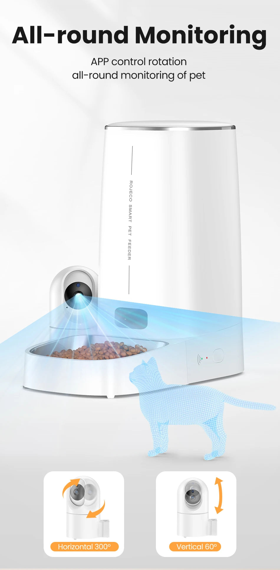 ROJECO 4L Automatic Cat Feeder With 360°Rotating Camera Vedio WiFi Cat Food Dispenser Pet Smart Voice Auto Feeder For Cats Dogs