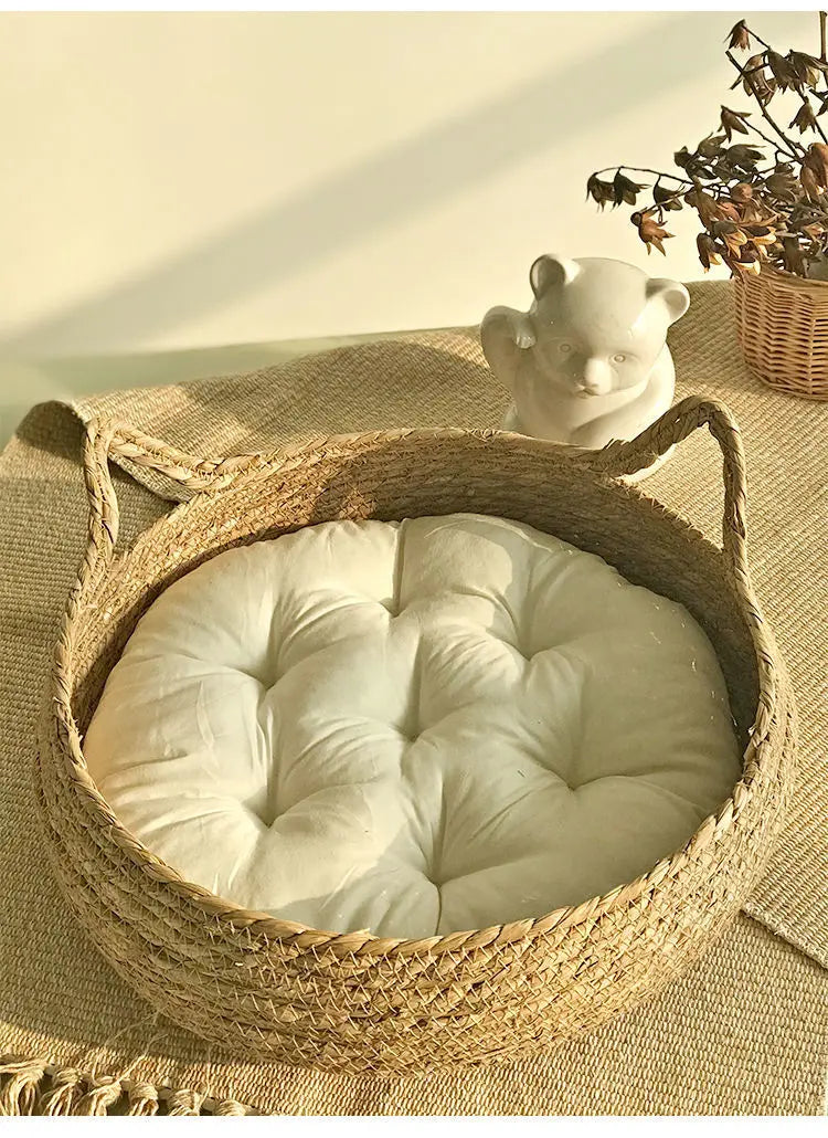 OUZEY Rattan Weaving Cat Basket Pet Cat Bed With Cushion Soft Warm Puppy Kitten Bed Donut Round Comfortable Sleeping Cat House - Play Paws Toys