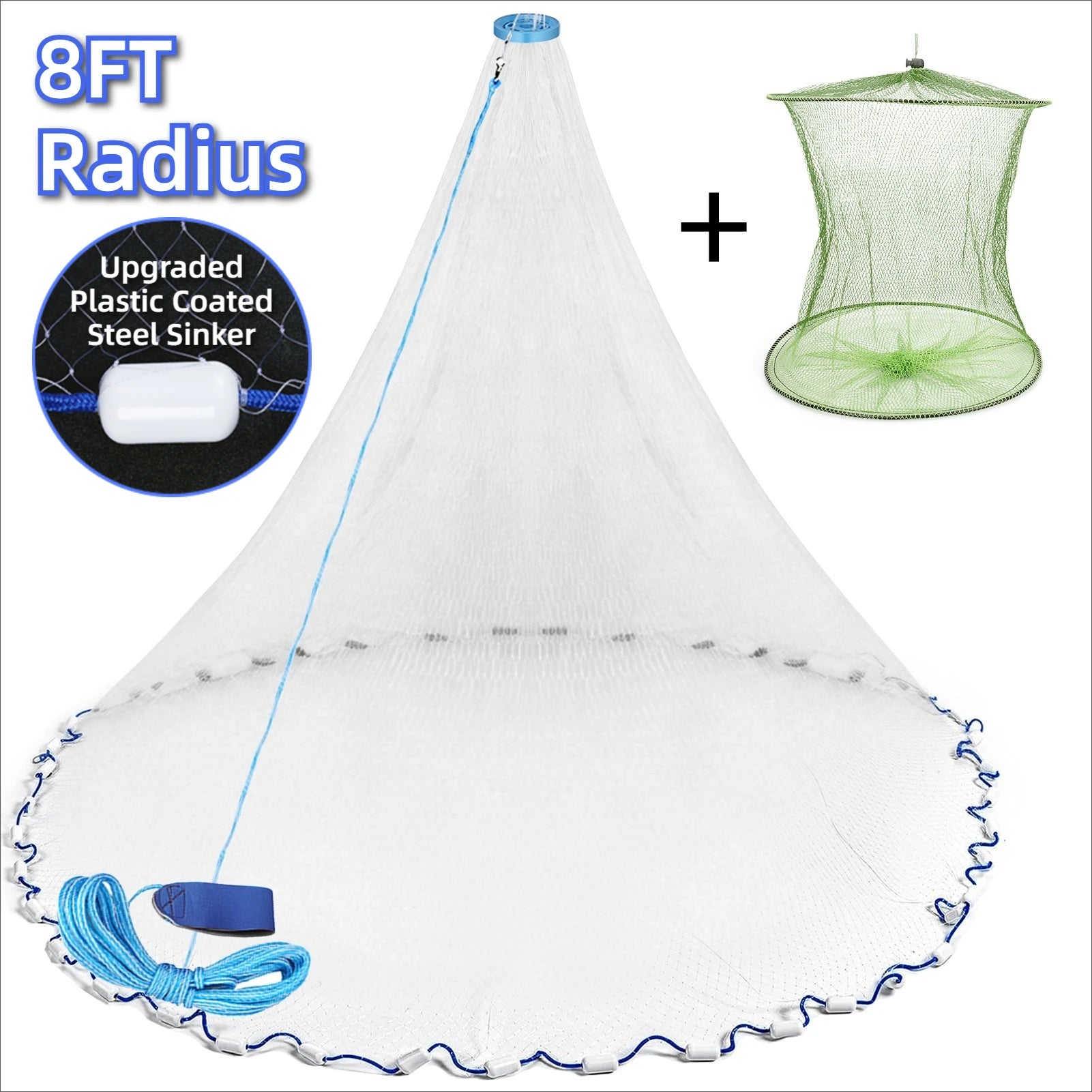 American Saltwater Fishing Cast Net for Bait Trap Fish 3/4/5/6/7/8/9/10ft Radius Casting Nets with Heavy Duty Zinc Sinker Weight