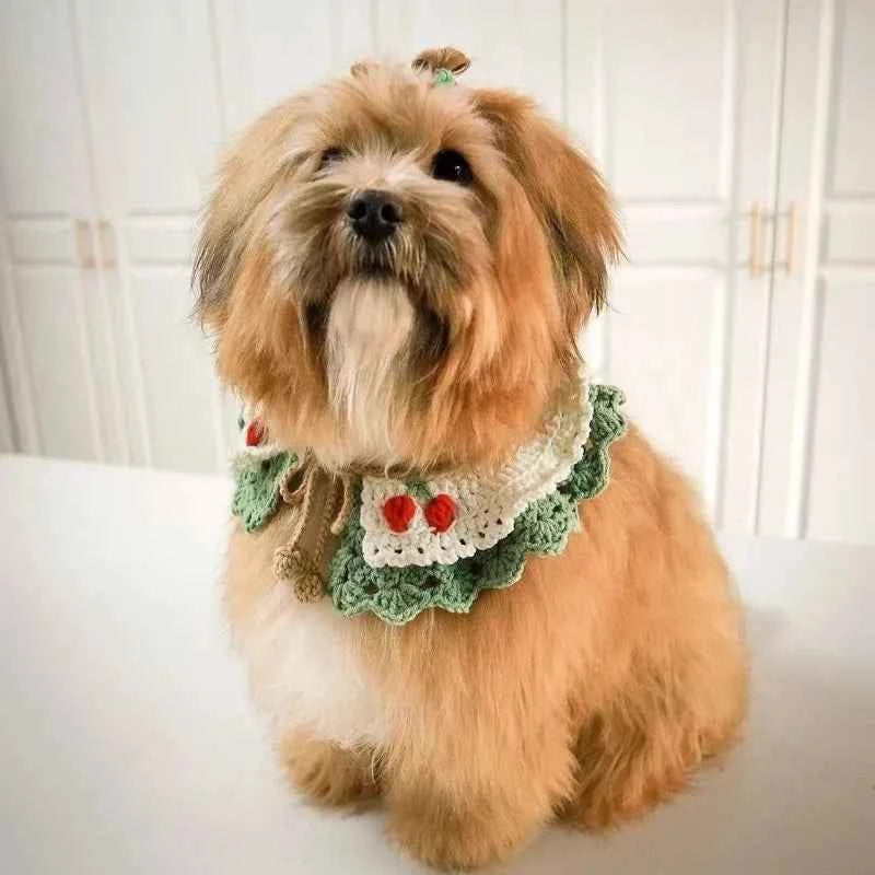 Small Pet Collar Knitted Double-Layer Cherry Cat Necklace Elastic Soft Dog Bibs Pet Scarf Cute Pet Accessories