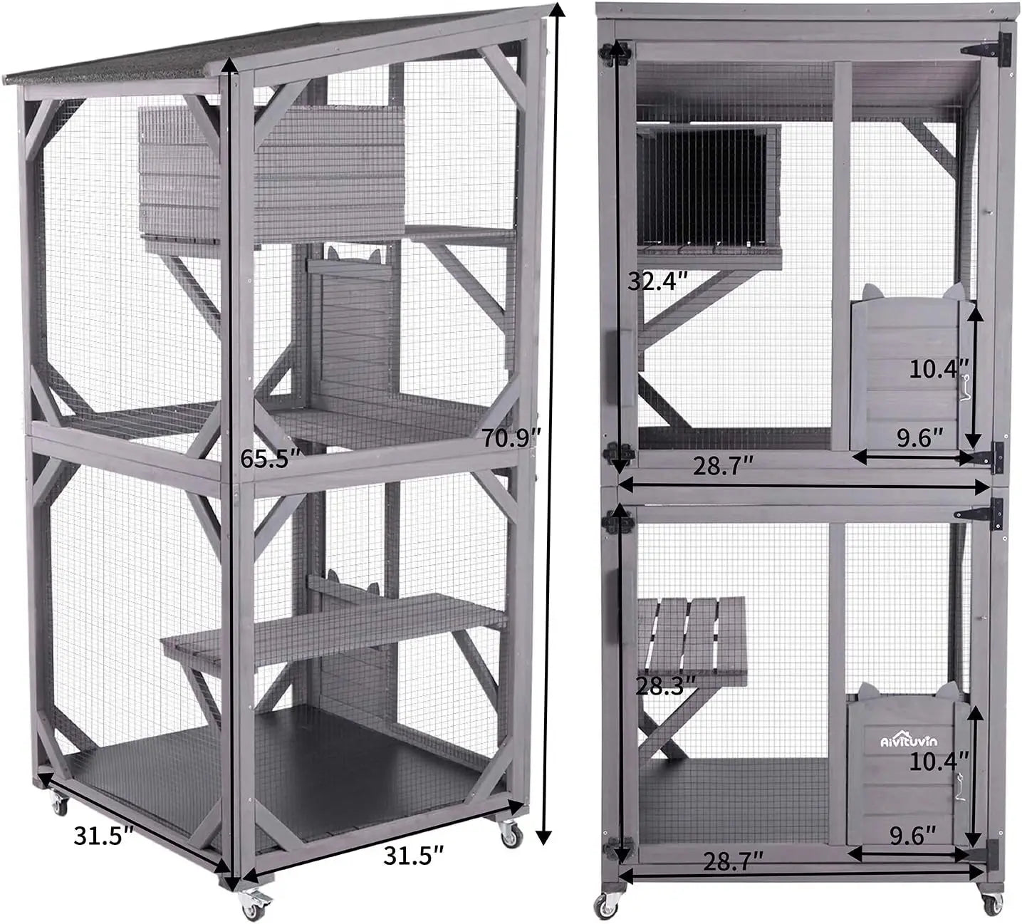 Indoor and Outdoor Cattery, Large Wooden Cat Cage with Wheels, 70.9-inch Upgraded Dog Cage with Reinforced Wooden Bars