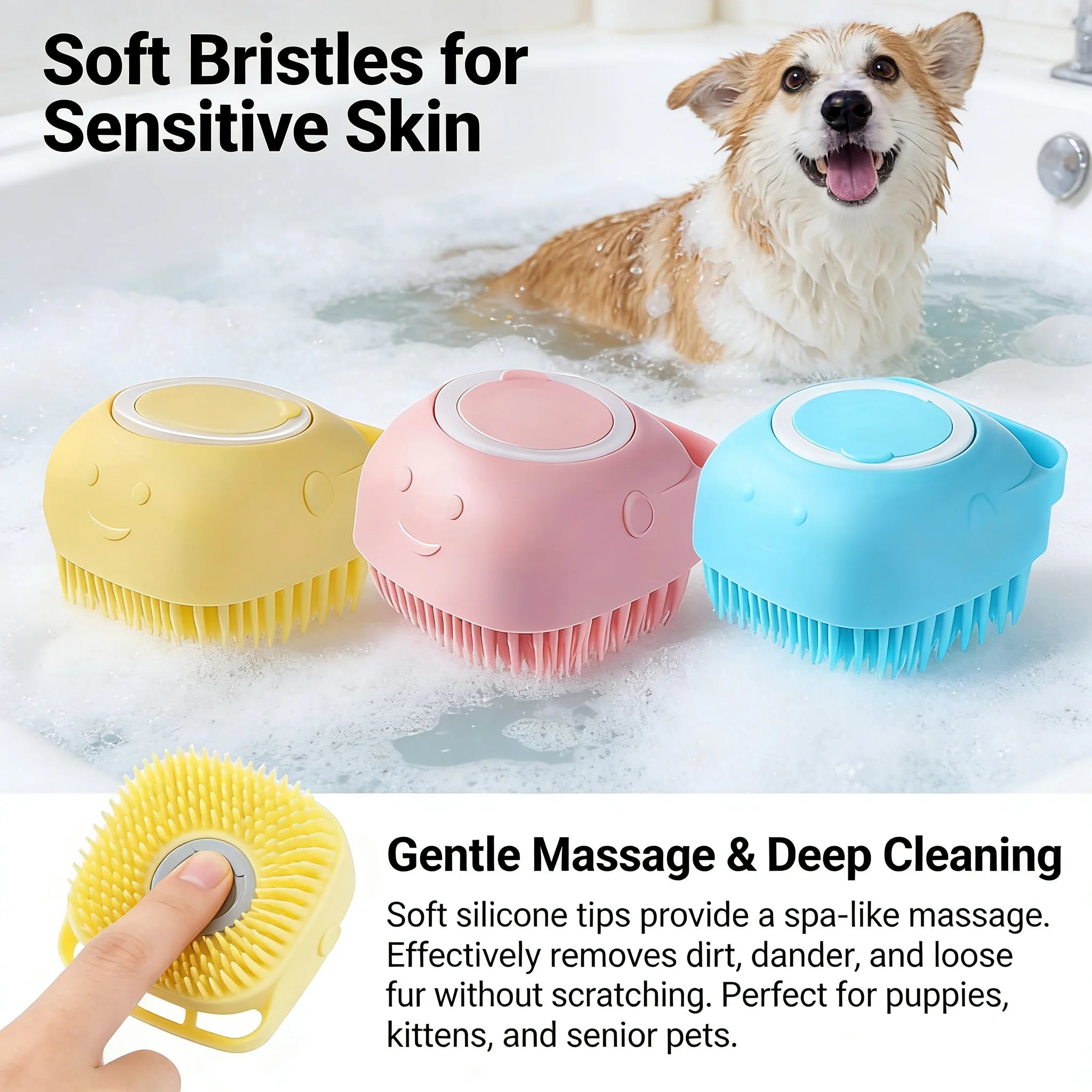 Pet Bath & Massage Brush 2-in-1 Silicone Dog Cat Grooming Tool with Shampoo Dispenser for Bathing Washing Sensitive Skin Puppies and Kittens